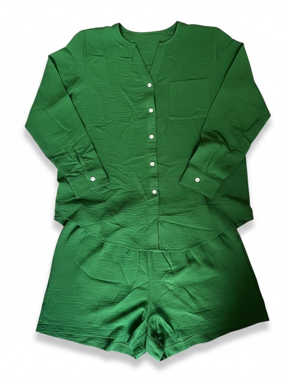 NWT PrinStory 2 Piece Green Lounge Set Women’s Medium Button Front Top & Shorts